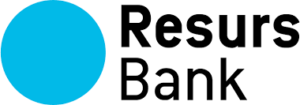 Resurs Banks logotyp med namnet skrivet i fet svart text och en fast ljusblå cirkel på vänster sida, vilket återspeglar transparens som en tydlig prislista.